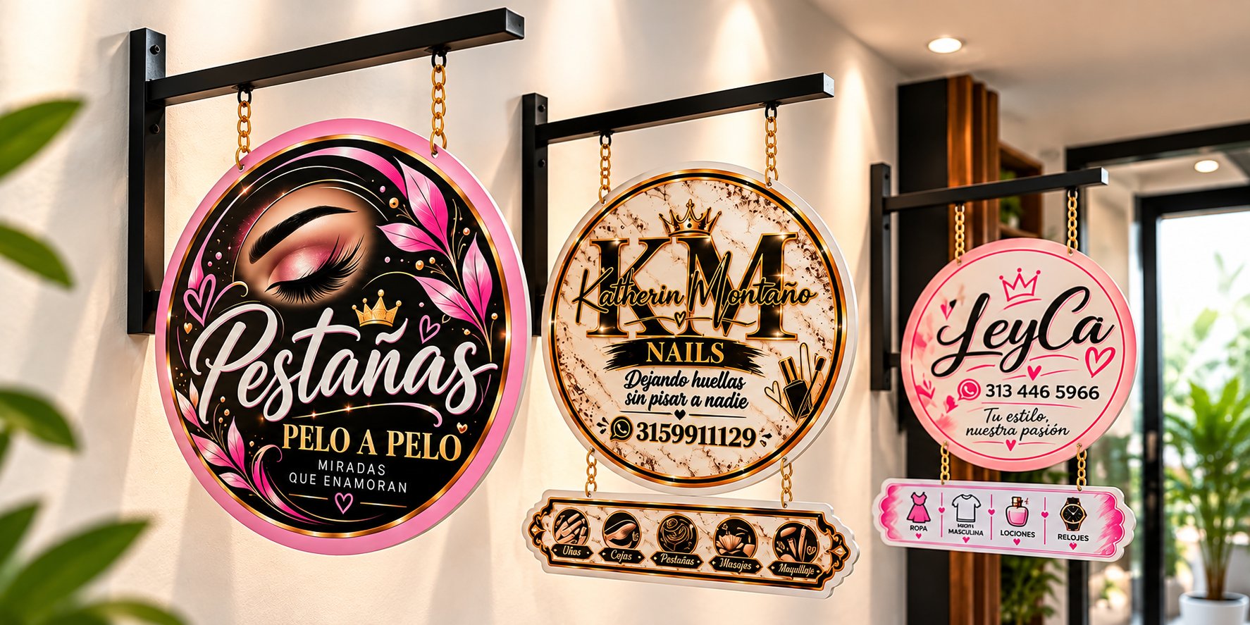 Avisos colgantes personalizados con cadenas y soporte negro: Pestañas, KM Nails y LeyCa